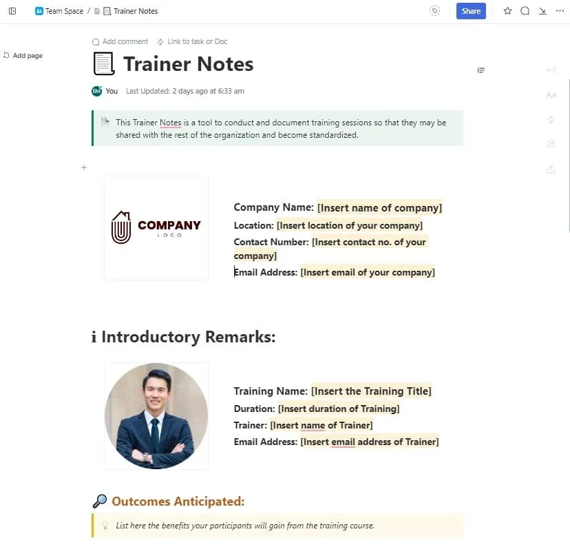 Il modello "Note del formatore" di ClickUp è progettato per aiutarti nel monitoraggio di tutte le informazioni relative alla formazione.