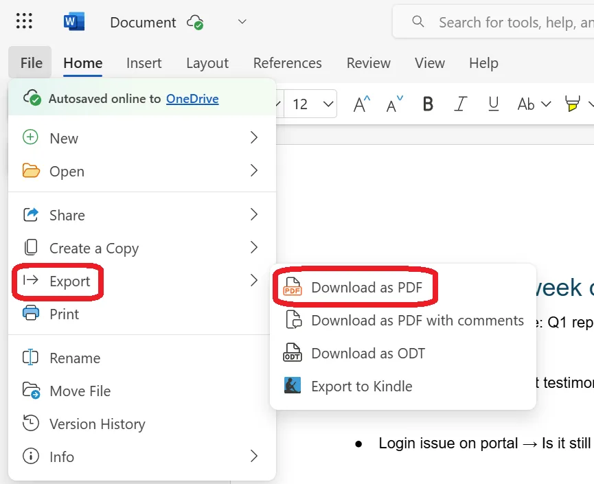 Exporter au format PDF dans la version navigateur de Microsoft Word
