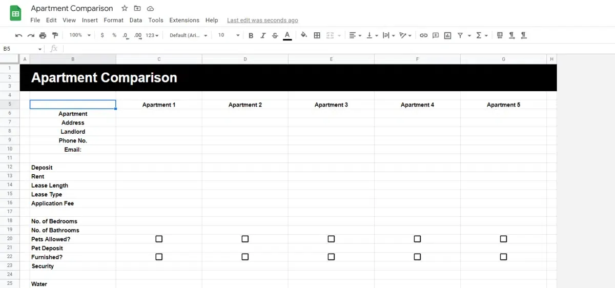 Modelo de planilha para procura de apartamentos da Spreadsheetpoint
