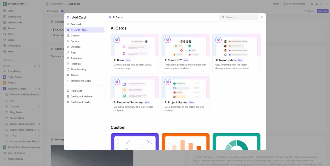 Tạo các bản tóm tắt và thông tin chi tiết chính xác từ dữ liệu trong không gian làm việc ClickUp với ClickUp AI Cards