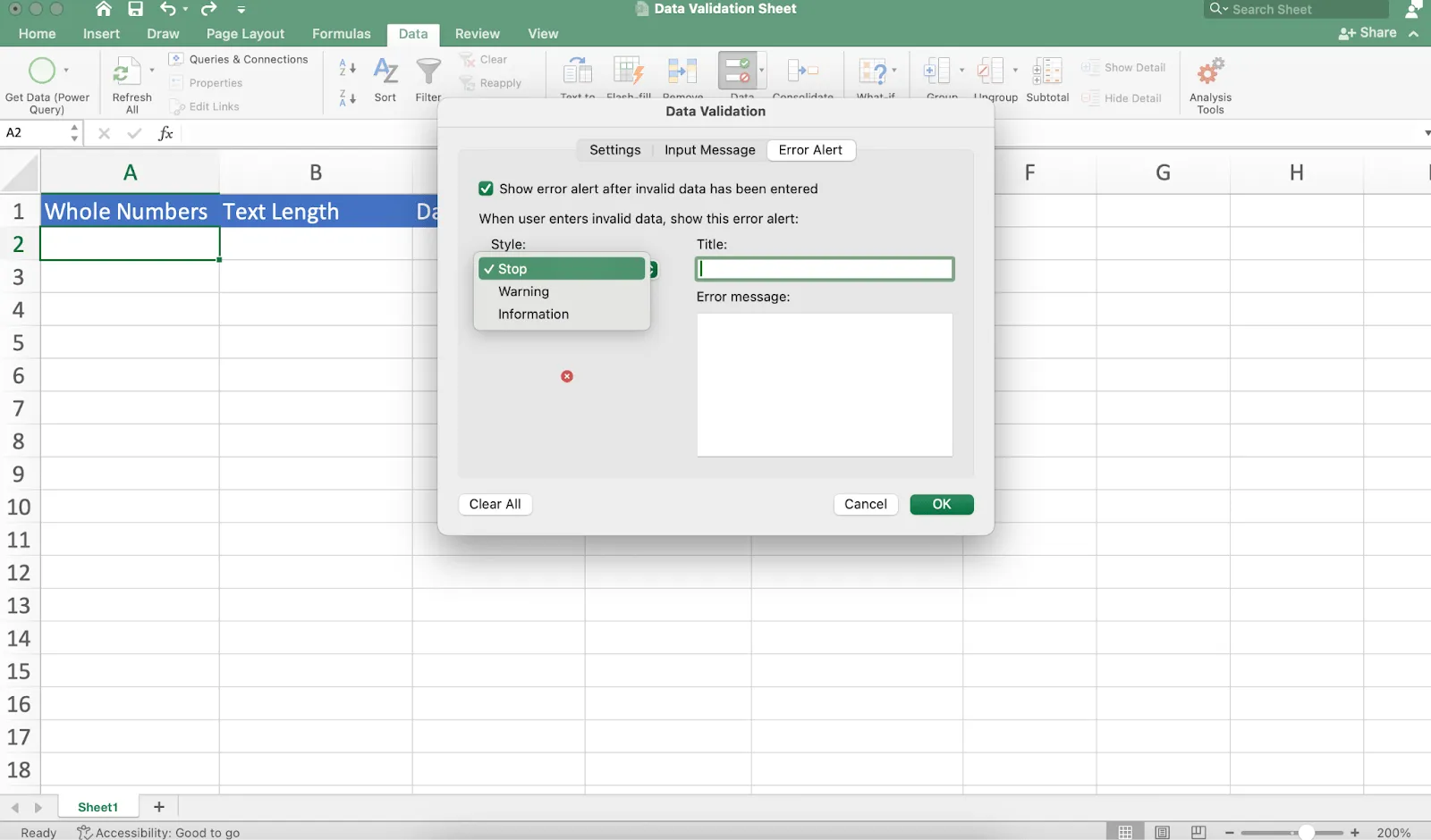 Funktionen Stilrullgardinsmeny: Datavalidering i Excel
