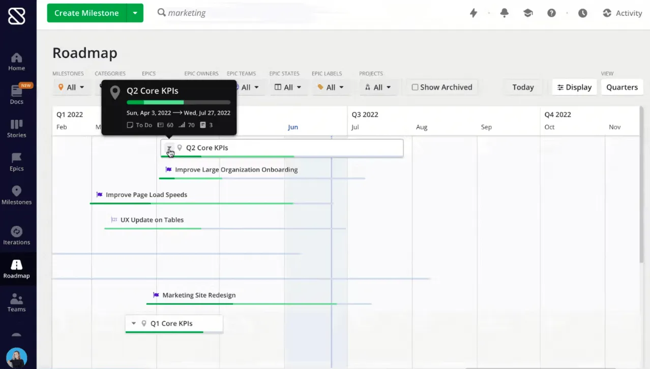 Esempio di esempio di visualizzazione della roadmap su Shortcut Platform