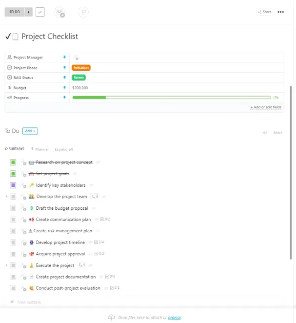 Plantilla de lista de control de proyectos de ClickUp