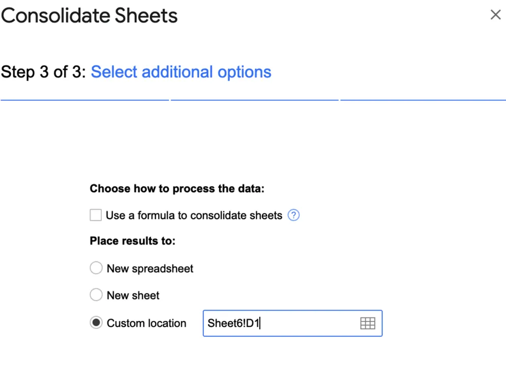 Langkah 3 untuk menggunakan add-on 'Consolidate Sheets' di Google Sheets