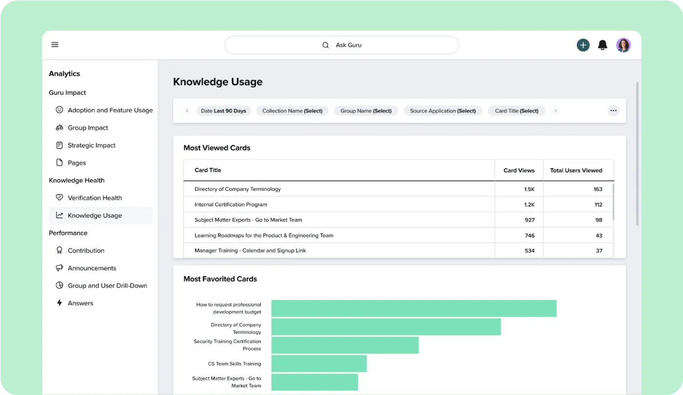 Guru AI (เหมาะที่สุดสำหรับการส่งมอบความรู้ที่เชื่อถือได้ภายในตัวแทน AI ของ Slack)