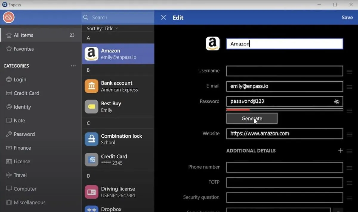 Erstellen eines neuen Passworts für Amazon in Enpass