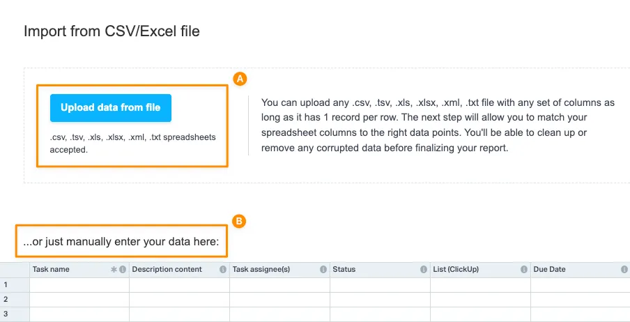nhập dữ liệu từ tệp Excel vào ClickUp để tạo bảng điều khiển KPI