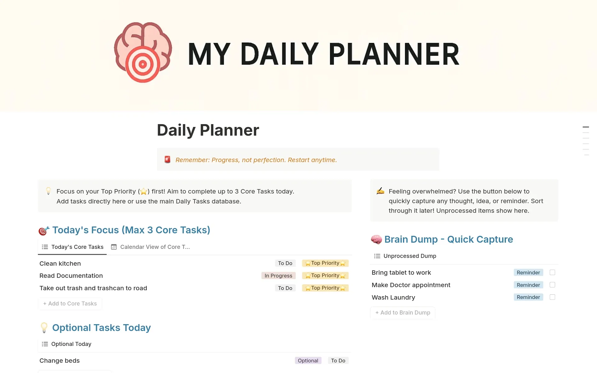 Modèle Notion Daily Focus Planner (TDAH et au-delà) : modèles Notion TDAH