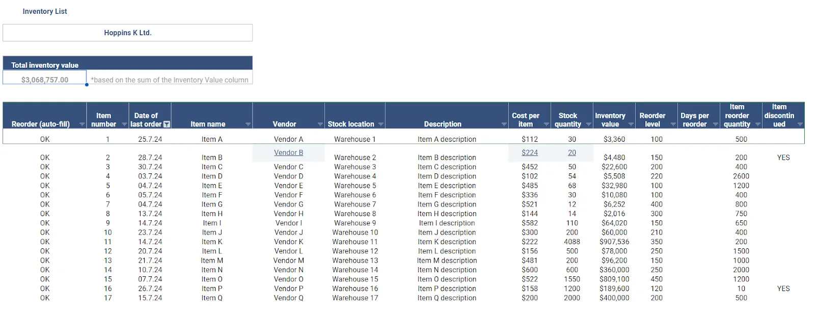Lagermall Google Sheets av Wise