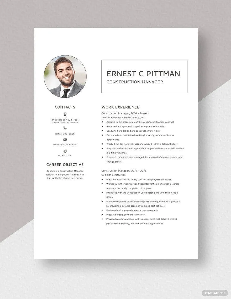 Mẫu sơ yếu lý lịch quản lý xây dựng của Template.net