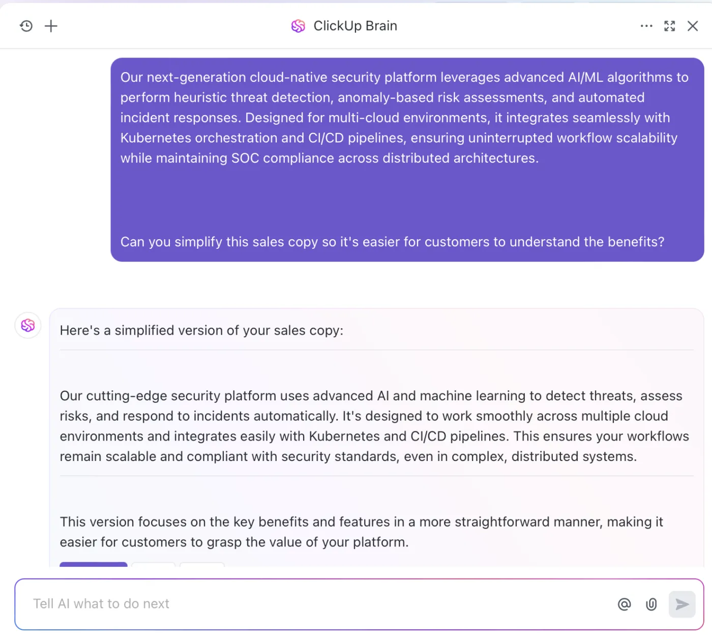 Използвайте ClickUp Brain, за да опростите сложния текст и да направите писането си по-ясно и по-ефективно.