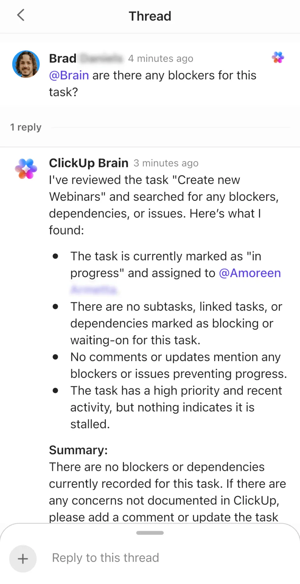 ClickUp Brain beantwoordt vragen in ClickUp Chat: hoe bouw je een AI-kennisbank in ClickUp
