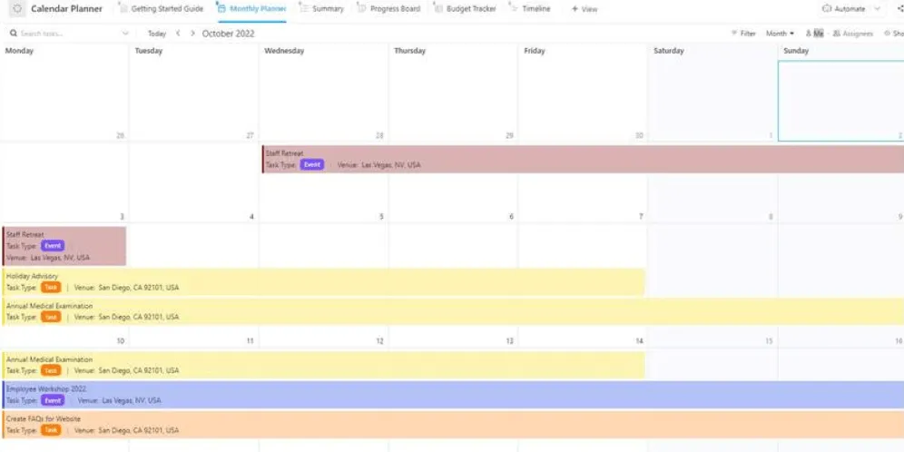 Verwalten Sie Ihre Workload effektiv und teilen Sie Ihre Aufgaben mit der Kalenderplaner-Vorlage von ClickUp in überschaubare Einheiten auf.