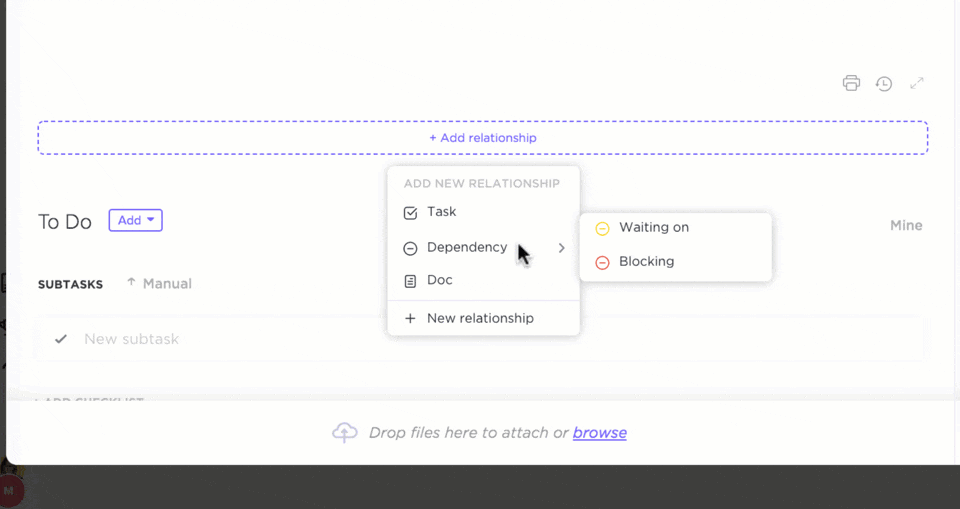 Fonctionnalité « dépendances » dans ClickUp