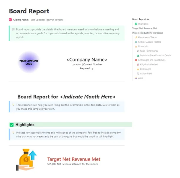 ClickUp-Board-Berichtsvorlage