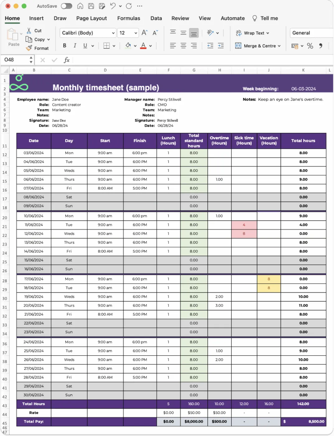 Mẫu bảng chấm công hàng tháng trên Excel của Resource Guru