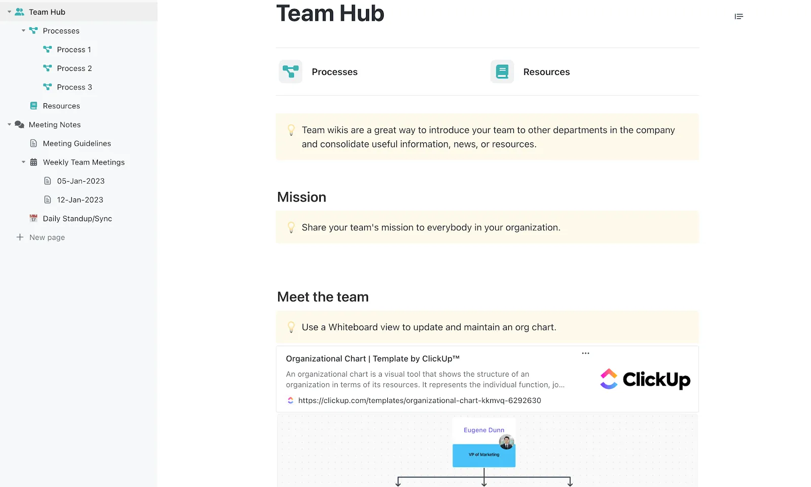 Modèle ClickUp Team Docs : partagez les notes de l'équipe, les résumés de projet et les ressources dans des documents collaboratifs.