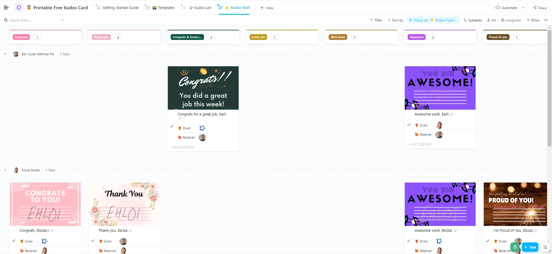 قالب بطاقة المديح المجاني القابل للطباعة من ClickUp