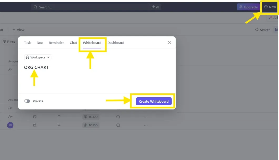 กระดานไวท์บอร์ดใหม่ใน ClickUp เพื่อสร้างแผนผังองค์กร