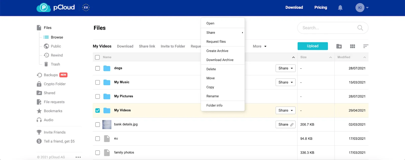 Alternativa ao Google Drive: painel do pCloud