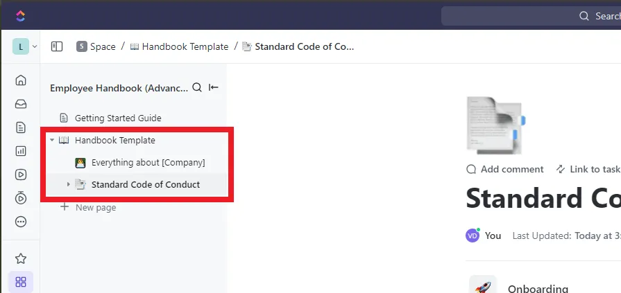 Các trang cài sẵn của mẫu ClickUp