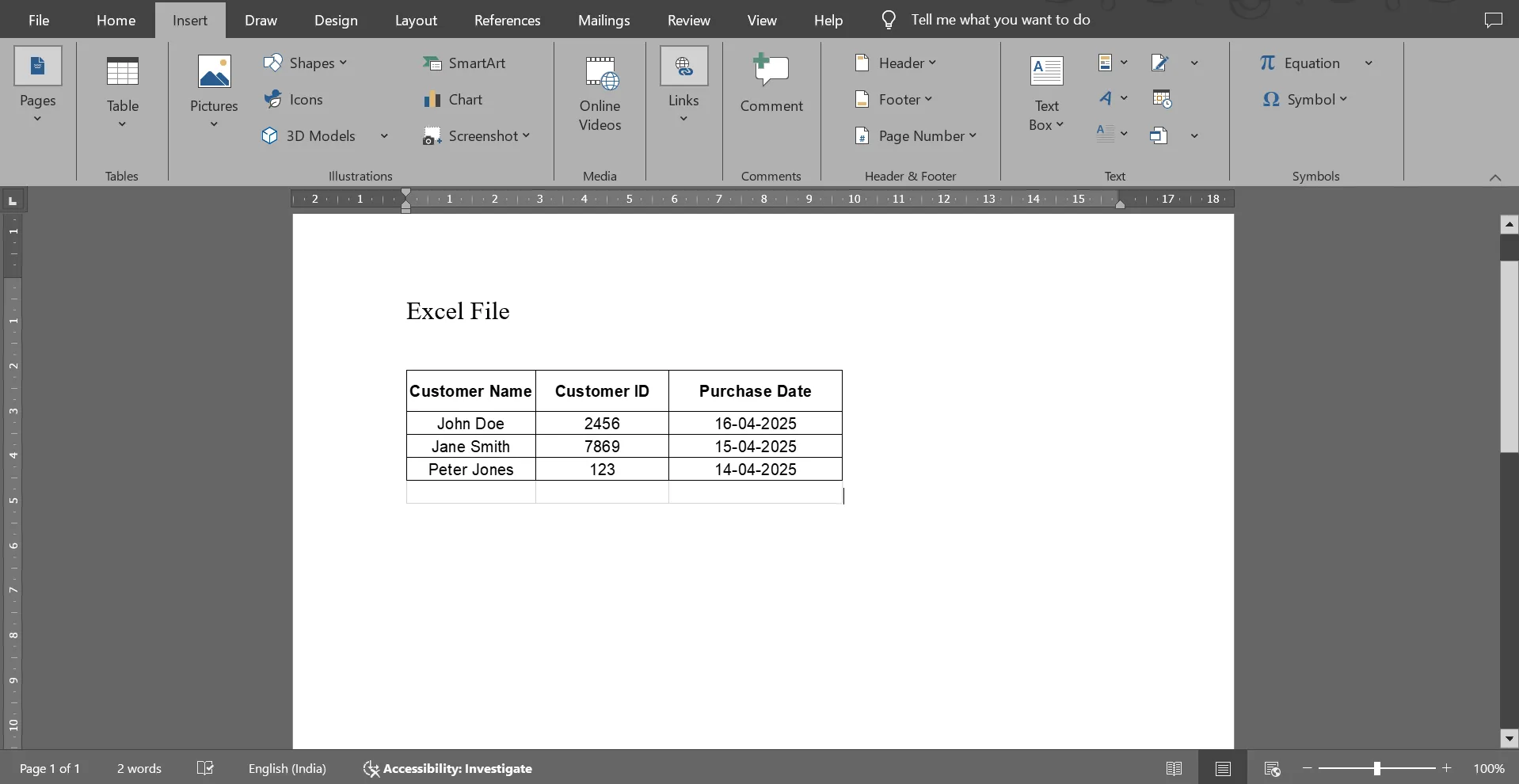 Ejemplo de un enlace seleccionado en Word: cómo insertar Excel en Word.