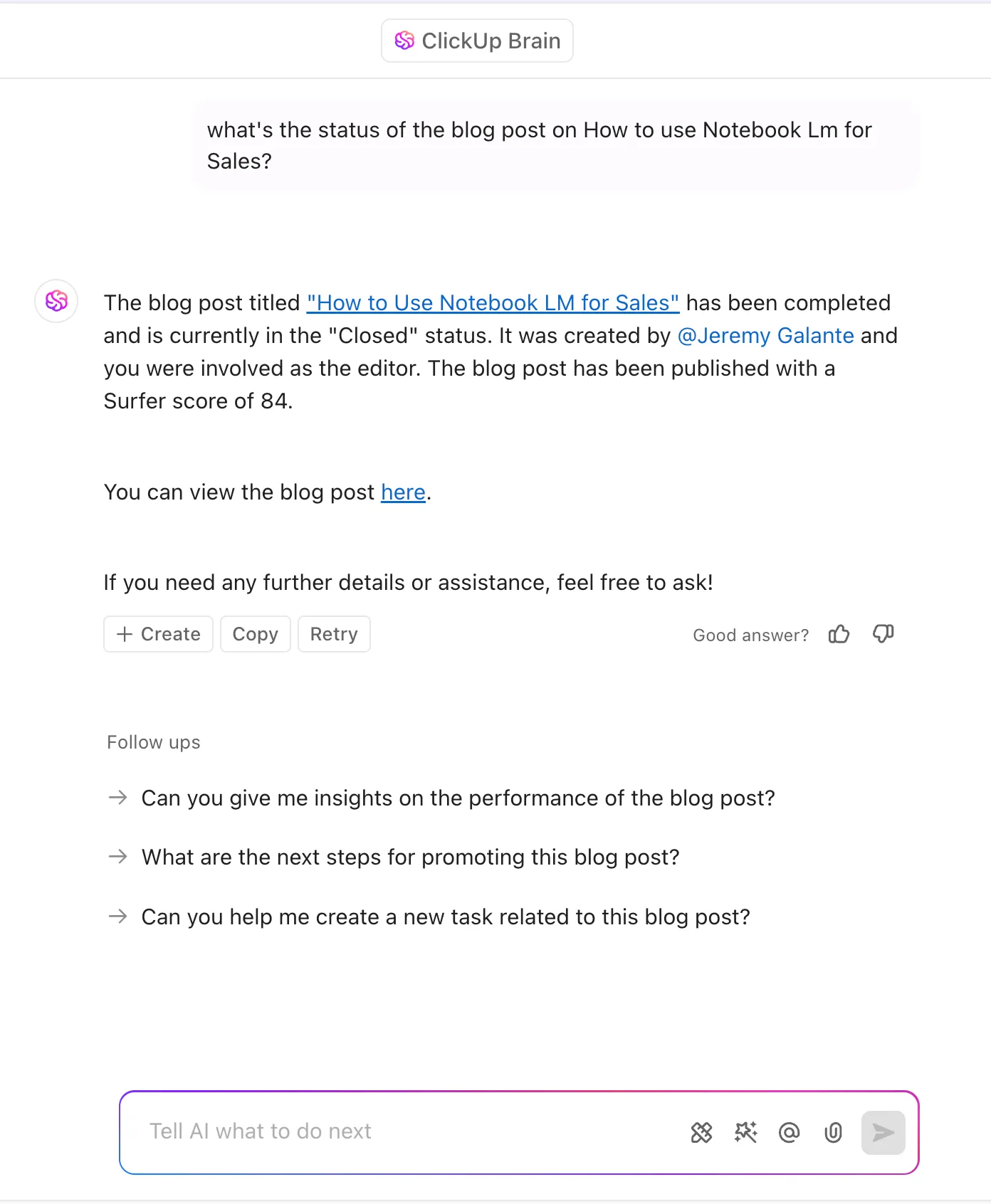 Obtenez des réponses rapides à vos questions contextuelles grâce à ClickUp Brain