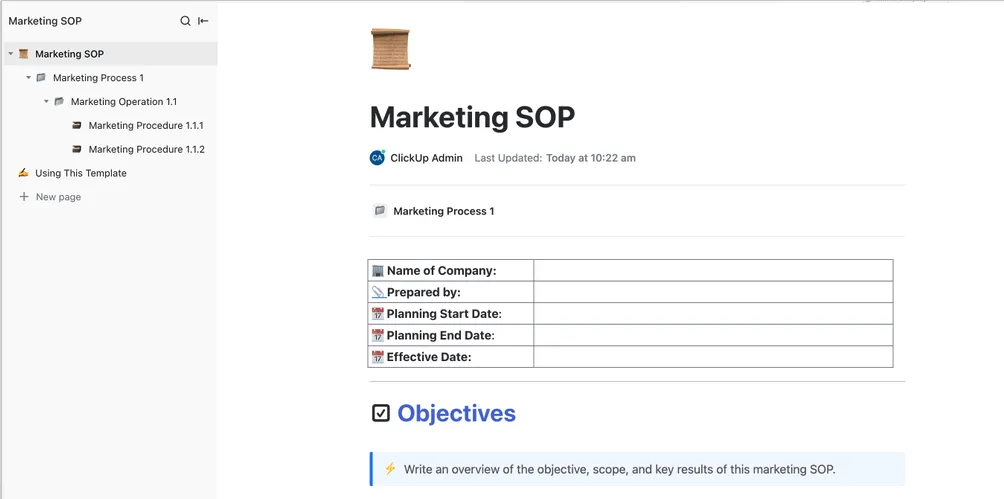 Utilisez le modèle de procédures opératoires normalisées (SOP) de ClickUp pour planifier, créer, améliorer et déployer des campagnes collaboratives en toute simplicité.