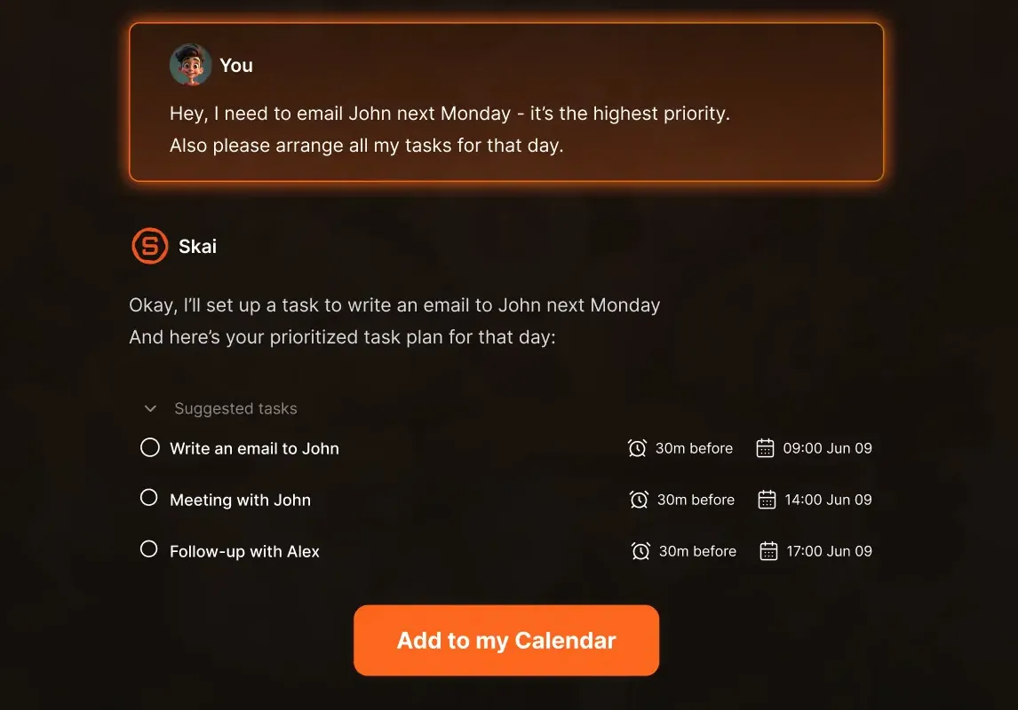 Voeg genomen taaken met prioriteit toe aan je kalender met de Skai-assistent van Saner.ai