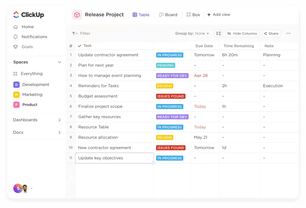 ClickUp Tabel Weergave: ai excel formules