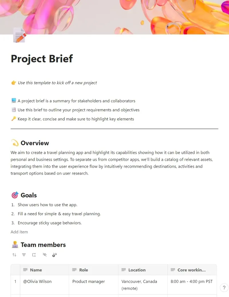 Microsoft Loop-Vorlage für Projektbeschreibungen