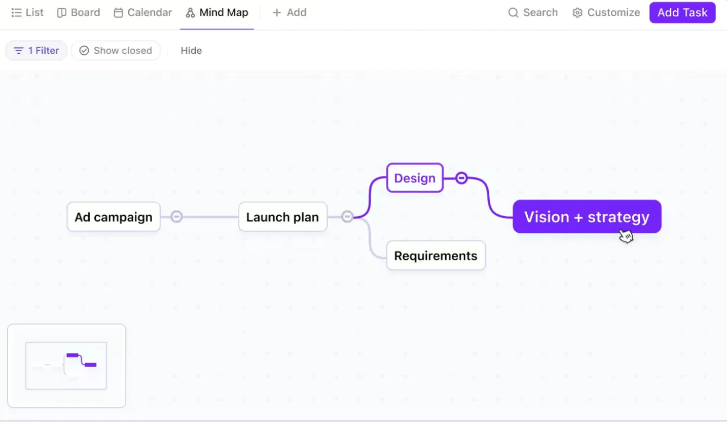 Setzen Sie Ideen mit ClickUp Mindmaps in umsetzbare Elemente um.