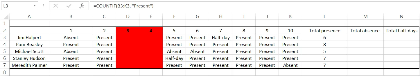 Creazione di un foglio presenze in Excel: aggiunta di formule