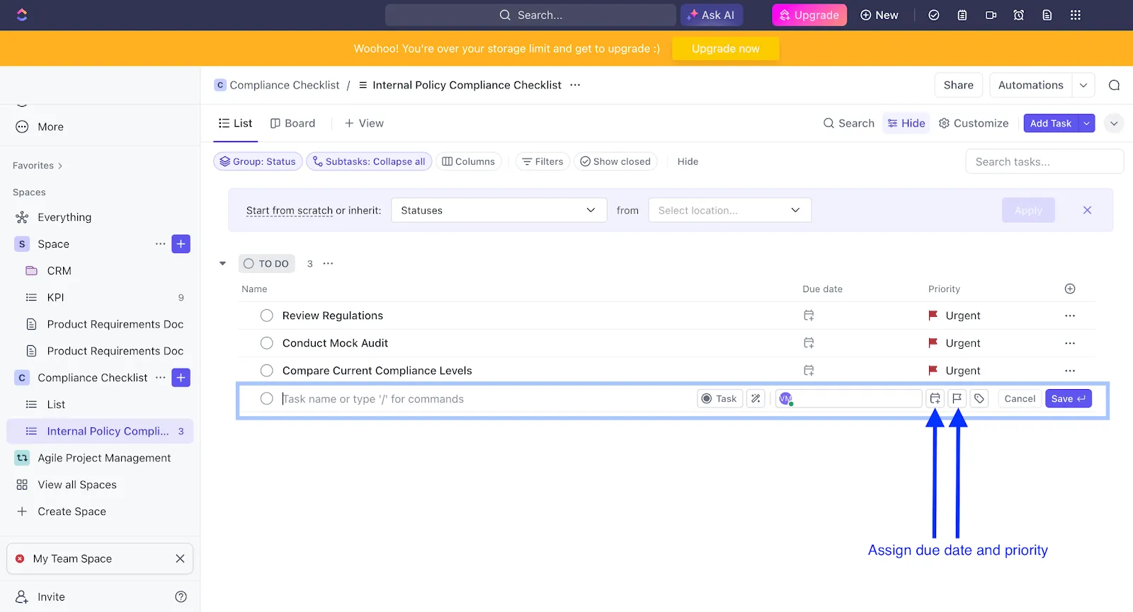 Asignación de fecha límite y prioridad en la lista de control de tareas de ClickUp
