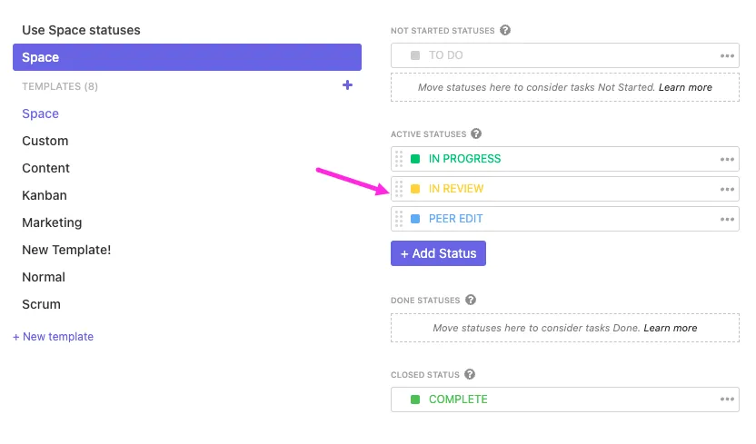 Statuts personnalisés sur ClickUp