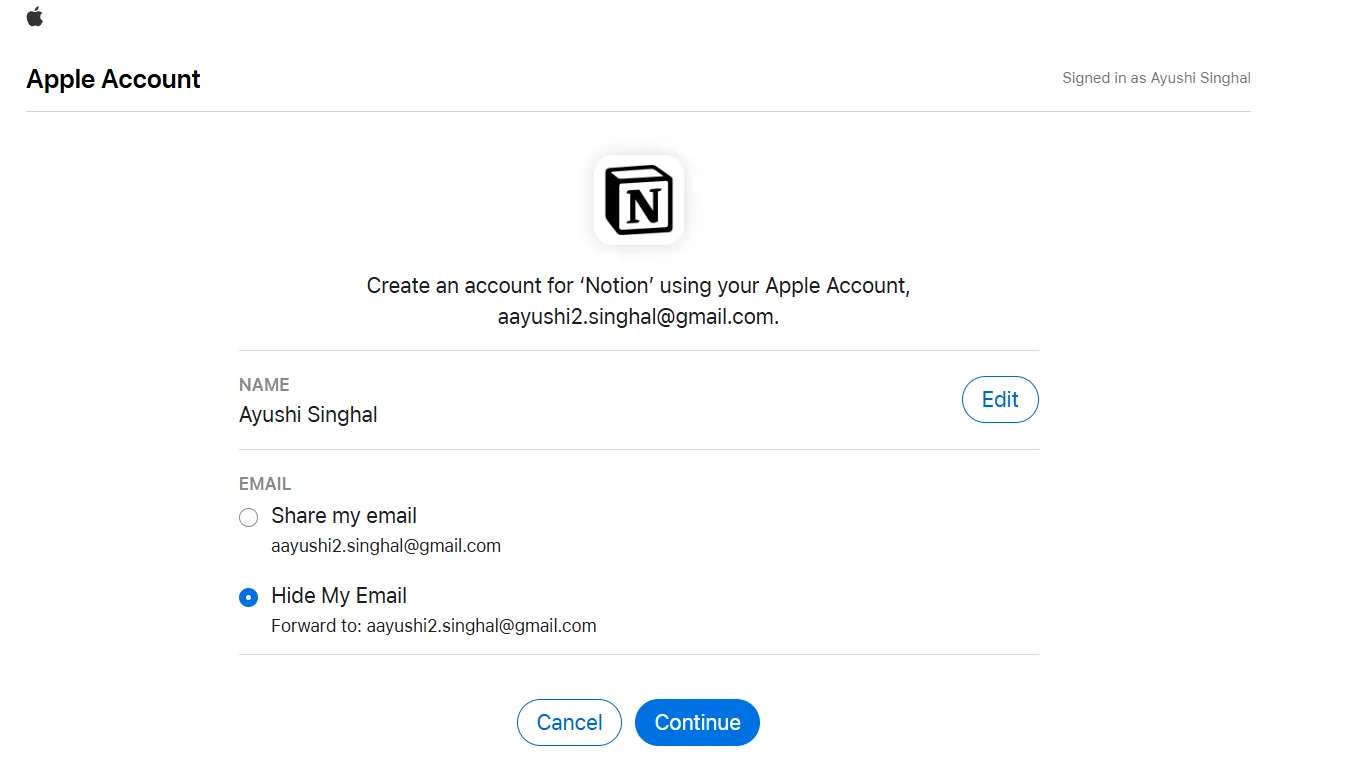 Accedi con Apple: accesso a Notion
