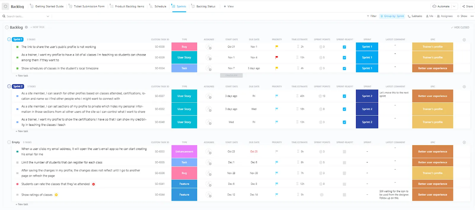 Planifique el trabajo ágil en cualquier equipo utilizando la plantilla de gestión de proyectos ágil de ClickUp.