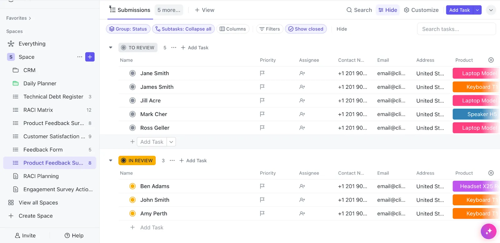 Comprenez les besoins de vos clients et développez des fonctionnalités qu'ils apprécient vraiment grâce au modèle de sondage de satisfaction produit de ClickUp.