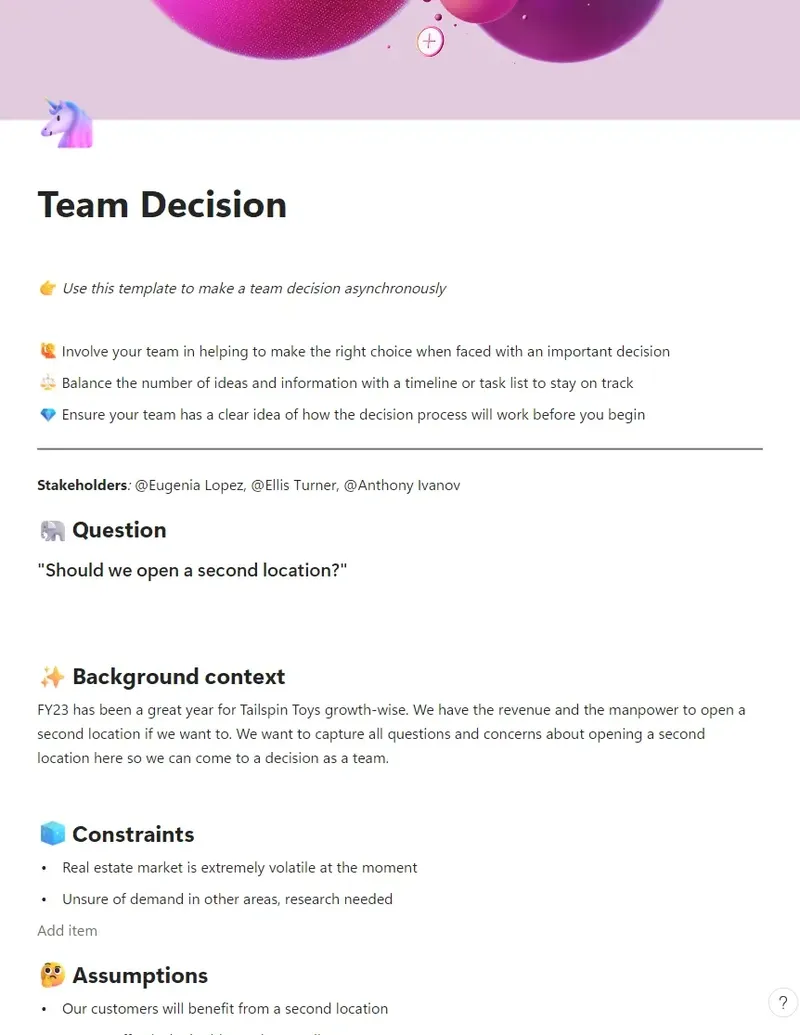 Microsoft Loop-Vorlagen: Microsoft Loop-Vorlage für Teamentscheidungen