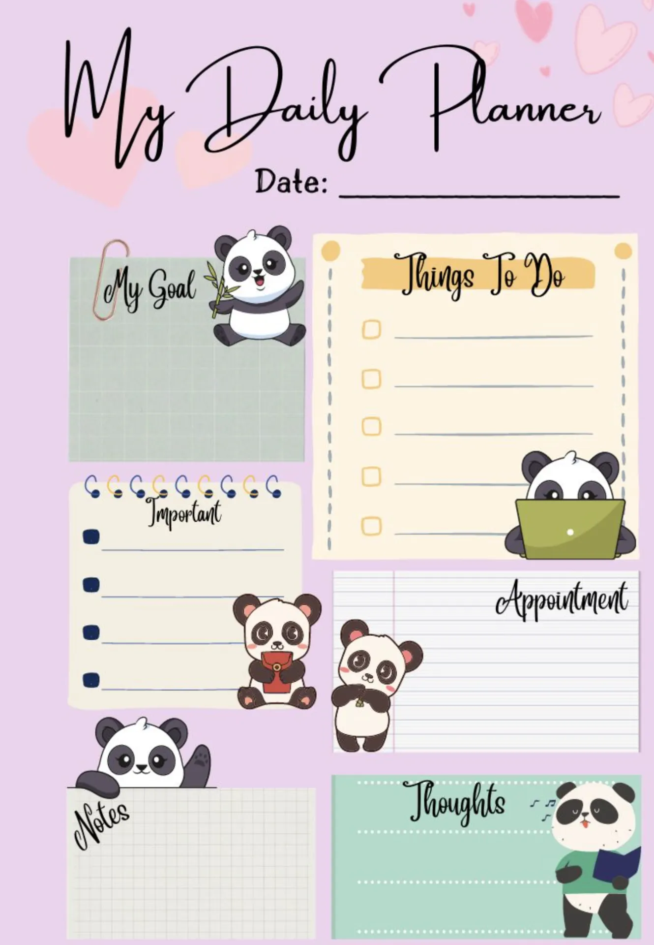 Un agenda rose pastel propose des idées esthétiques de listes de tâches, avec une liste « À faire » et des cases distinctes pour les objectifs, les éléments importants, les rendez-vous, les notes et les réflexions. Des illustrations de pandas agrémentent la disposition, dont une derrière un ordinateur portable.