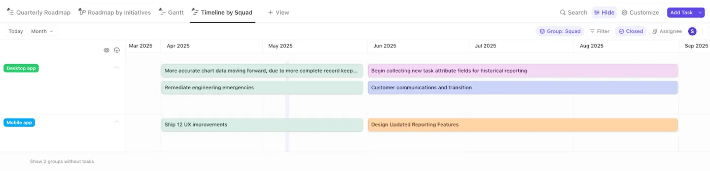 Jadikan rencana mudah dipahami dengan tampilan Timeline ClickUp - Diagram Gantt vs. Timeline