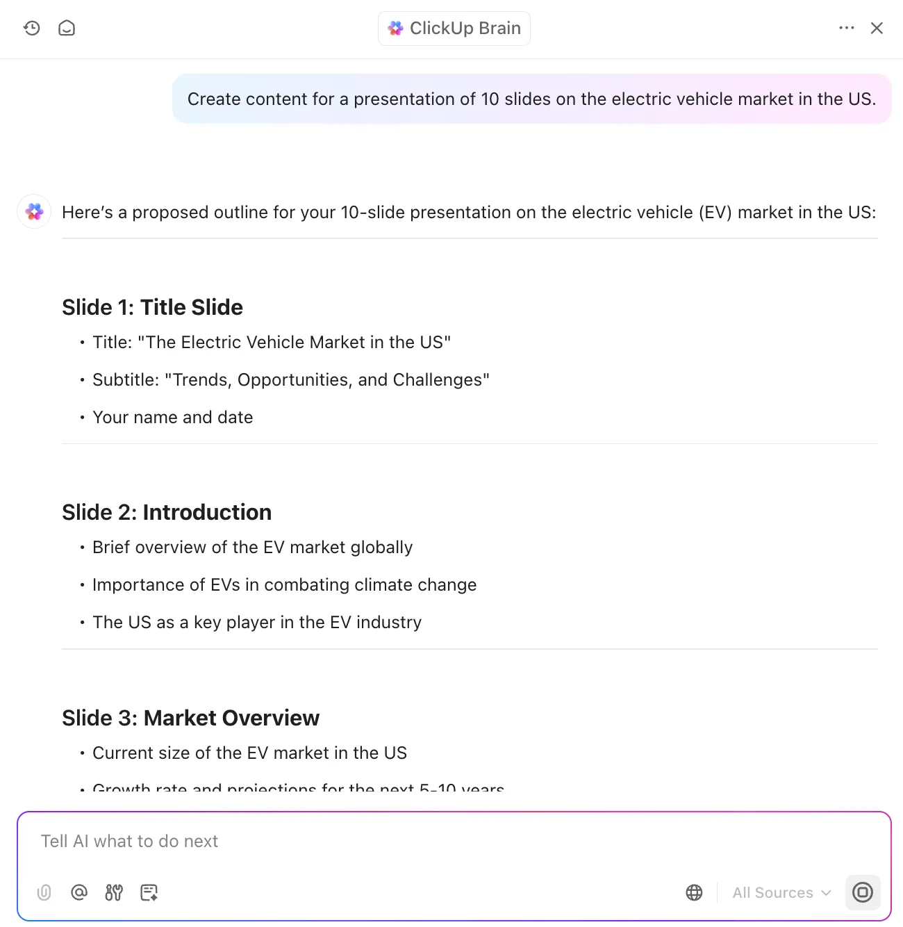 ClickUp AI para criar esboços de apresentação personalizados
