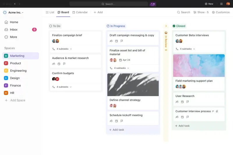 ClickUp Kanban-Board-Ansicht zur Visualisierung des Plans für die Projektumsetzung