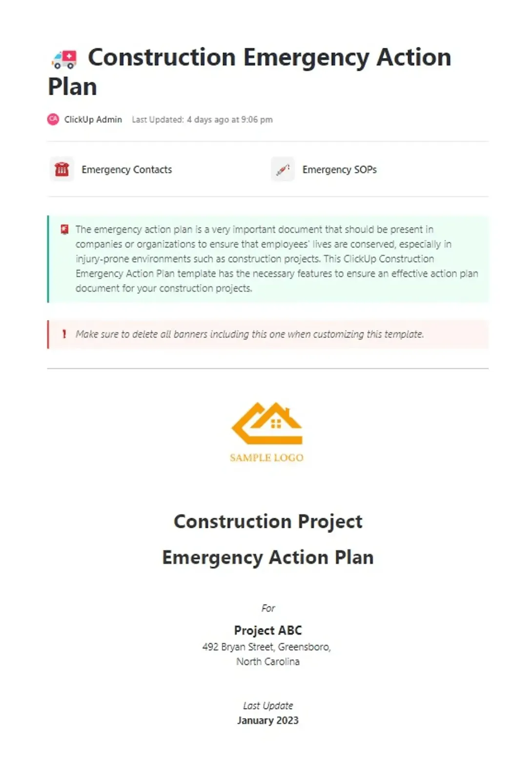 Crea un piano completo che copra tutte le tue esigenze con il modello di piano di emergenza per l'edilizia di ClickUp.