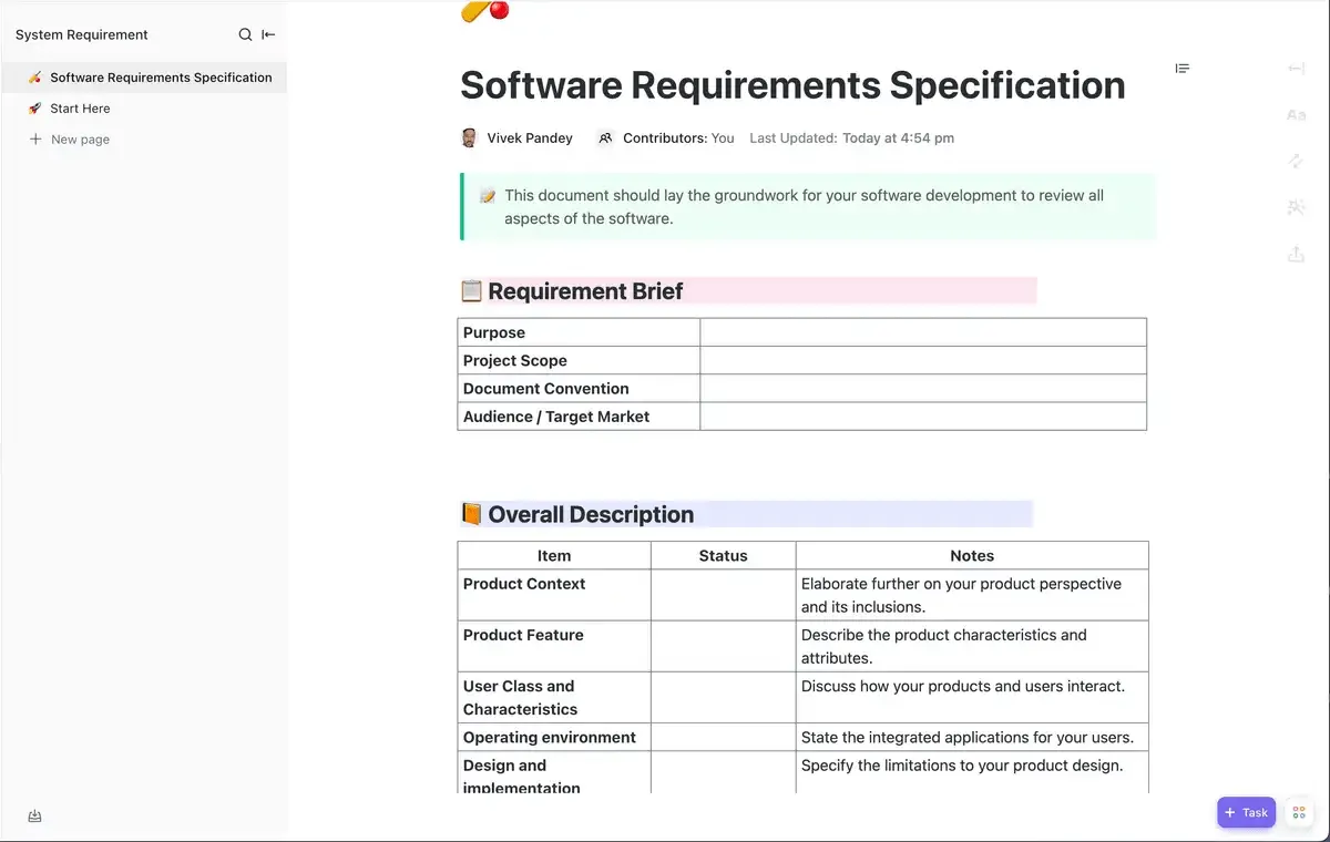 Sienta las bases para el desarrollo eficiente de su producto con la plantilla de requisitos del sistema ClickUp.