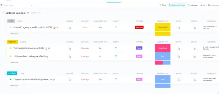 Calendario editorial de ClickUp