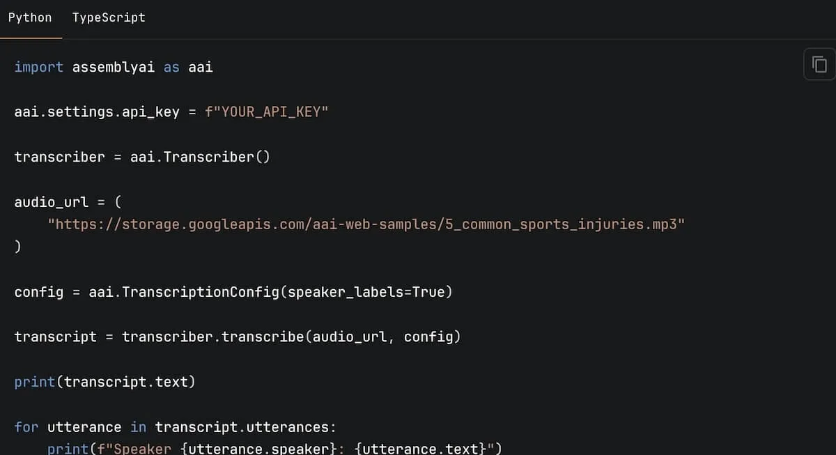 لقطة شاشة لرمز Python في AssemblyAI