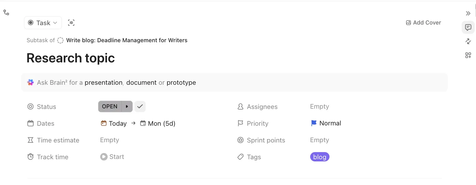 Podziel swoje zadania na mniejsze podzadania w ClickUp