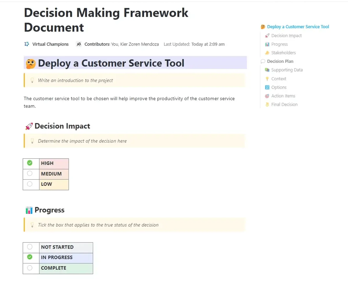 Crea una linea guida completa del processo decisionale utilizzando il modello di documento "Decision-Making Framework" di ClickUp.