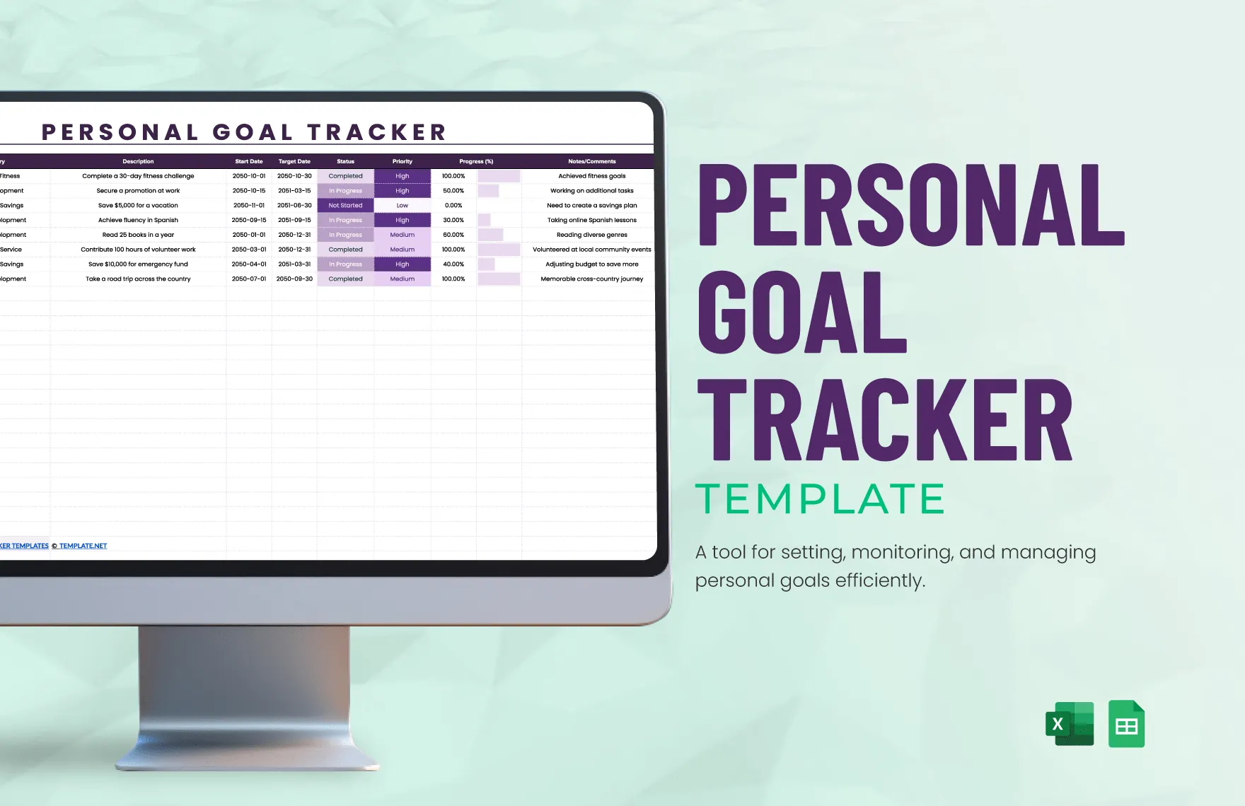 เทมเพลตติดตามเป้าหมายส่วนบุคคลโดย Template.net: เทมเพลตติดตามเป้าหมายใน Google Sheets